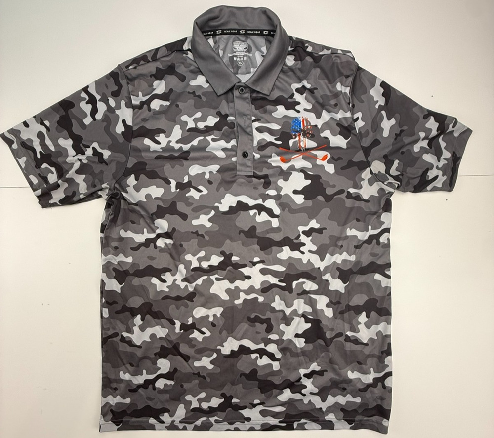 Scale Wear Gray Camo Skull American Flag Golf Shirt XL